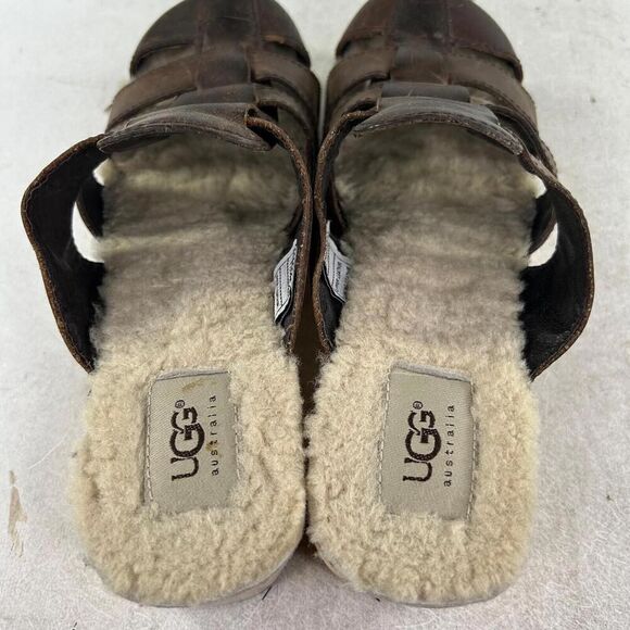 Ugg Australia Ore Fisherman Clogs US 7 Brown Leather Sherpa Lined Wooden Mules - Picture 10 of 11